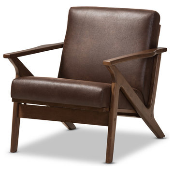 Bianca Mid-Century Modern Distressed Lounge Chair, Dark Brown Faux Leather