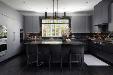 Eat-in kitchen - contemporary u-shaped eat-in kitchen idea in DC Metro with gray cabinets, quartzite countertops and an island