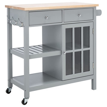 Contemporary Kitchen Island, Window Style Cabinet Doors & Natural Top, Grey