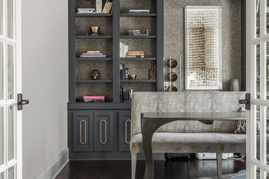 Inspiration for a mid-sized contemporary freestanding desk dark wood floor and brown floor study room remodel in Indianapolis with gray walls