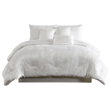 Benzara BM283890 Jay 7 Piece Queen Comforter Set, White Polyester Velvet Texture