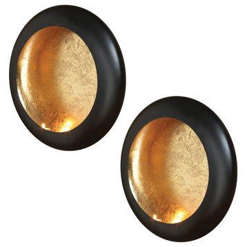 Elegant Round Tea Light Wall Candle Sconce 18" Disc Set of 2 Black Gold Holder