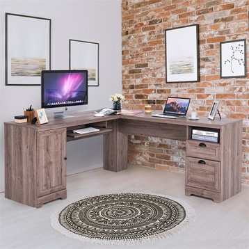 Costway L-Shaped MDF Corner Computer Desk with Drawers in Brown