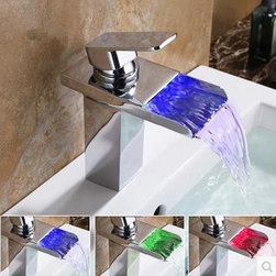 Contemporary Solid Brass Single Handle LED Waterfall Bathroom Sink Faucet Chrome - Bathroom Sink Faucets