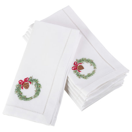 Embroidered Wreath Hemstitched Border Cotton Napkin - Set of 6, 20" x 20"