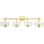 Innovations Lighting - Innovations 312-4W-SG-CL 4-Light Bath Vanity Light, Satin Gold - Innovations 312-4W-SG-CL 4-Light Bath Vanity Light Satin Gold. Style: Art Deco, Mission. Metal Finish: Satin Gold. Metal Finish (Canopy/Backplate): Satin Gold. Material: Cast Brass, Steel, Glass. Dimension(in): 9(H) x 33(W) x 5. 5(Ext). Bulb: (4)60W G9,Dimmable(Not Included). Maximum Wattage Per Socket: 60. Voltage: 120. Color Temperature (Kelvin): 2200. CRI: 99. Lumens: 450. Glass Shade Description: Clear Striate Glass. Glass or Metal Shade Color: Clear. Shade Material: Glass. Glass Type: Transparent. Shade Shape: Rectangular. Shade Dimension(in): 6(W) x 3. 375(H) x 4. 5(Depth). Backplate Dimension(in): 4. 5(H) x 4. 5(W) x 0. 75(Depth). ADA Compliant: No. California Proposition 65 Warning Required: Yes. UL and ETL Certification: Damp Location.