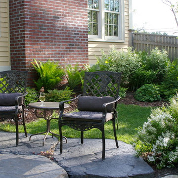 Pool, patio and steps of large natural stone