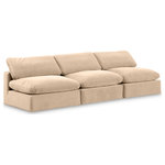 Meridian Furniture - Comfy Upholstered Modular Sofa, Beige, 3-Piece: 3 Armless Chair, Velvet - Give your space a whole new look with this beige Comfy velvet sofa. This handsome sofa fits nicely with other items in the Comfy collection and is a versatile seating option designed for adaptability, comfort and style. Wrapped in rich beige durable velvet upholstery, this sofa offers a plush embrace of overstuffed down feather cushions, carefully crafted to deliver the highest level of comfort. The perfect seat for creating an oasis for relaxation, this sofa has thick foam surrounding its frame for added support and coziness.