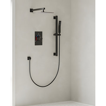 Modern Shower System with Slide Bar Hand Shower and Pressure Balance Valve, Matte Black, 10"