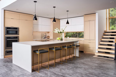Inspiration for a mid-sized modern l-shaped gray floor eat-in kitchen remodel in Other with an undermount sink, flat-panel cabinets, light wood cabinets, quartz countertops, white backsplash, quartz backsplash, stainless steel appliances, an island and white countertops