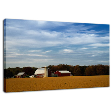 Country Farmhouse Wall Decor: Red Barn Golden Field Canvas, 24" X 36"