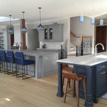 Blue and Gray Kitchen with living spaces