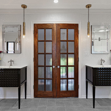 Master Bath in Iridescent White and High Gloss Black