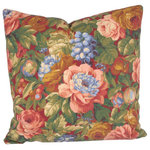 Studio Design Interiors - Flora Robusto 90/10 Duck Insert Pillow With Cover, 22x22 - A rich red field can hardly be seen through the layers of bold flowers and ripe fruit in rose and soft pink, forest greens, and blues on the face of this wonderful pillow. The designer coordinated striped back is presentable in its own right with rose and green stripes on a damask field. Bountiful.