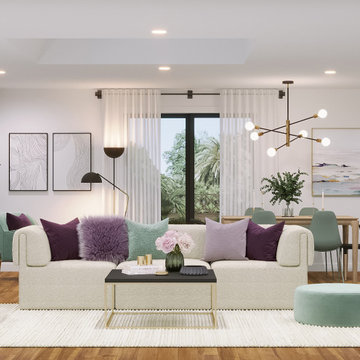 Modern Living Room And Kitchen With Purple and Mint Accents