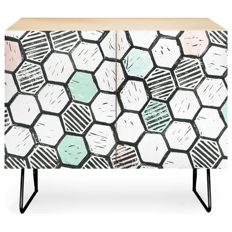 Deny Designs Honeycomb block print Credenza, Birch, Black Steel Legs