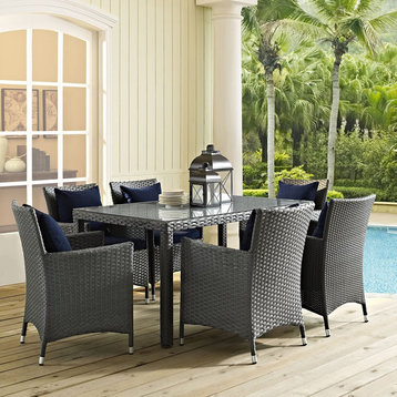 Contemporary Outdoor Dining Table, Chocolate Wicker Cover & Tempered Glass Top