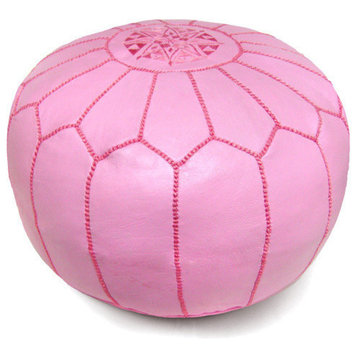 Moroccan Leather Stuffed Pouf, Pink