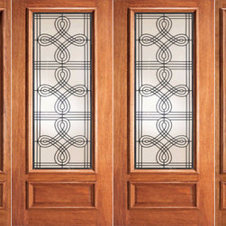 Mahogany Prehung Double Door with Two Sidelites, Celtic Ironwork Glass - Front Doors