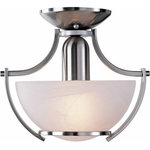 Volume Lighting - Durango 1-Light Brushed Nickel Interior Semi-Flush Mount - This Durango 1-Light Brushed Nickel Interior Semi-Flush Mount is UL listed, Dry location rated, and hardwired. This fixture features a(n) A19 base with a 100 watt max.