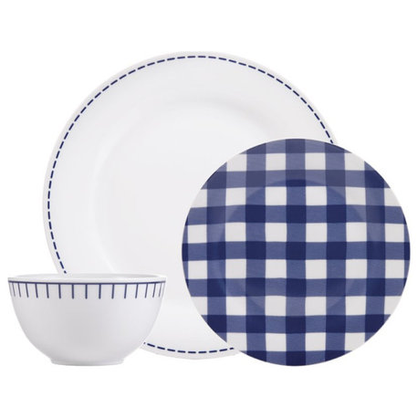 Safdie & Co. Porcelain Dinnerset 12 Piece Rim Rustic Cottage Navy/White