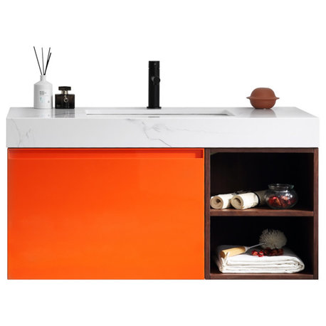 Manarola Red Amber with Thick Quartz Wall Mount Vanity, Open Shelf, 42"