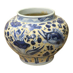 Chinese Blue White Porcelain Dimensional Fishes Scenery Accent Vase Jar cs3554 - Decorative Jars And Urns