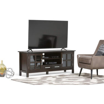 Contemporary Entertainment Center, Pine Wood Frame & Glass Doors, Hickory Brown