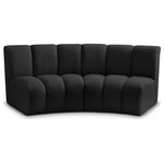 Meridian Furniture - Infinity Black Boucle Fabric Upholstered Arc Shaped Modular Sectional, Black, 2-Piece, Arc-Shaped - Mix and match this Infinity boucle fabric modular chair with other items in the Infinity collection to find the best possible seating solution for your gang. Rich black boucle fabric feels welcoming and soft to the skin, so you stay seated comfortably for the big game or while watching your favorite programs. Deep channel tufting adds to the longevity and durability of this modular chair while giving it texture.