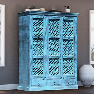 Turin Distress Blue Reclaimed Wood Large Armoire Wardrobe With Drawers