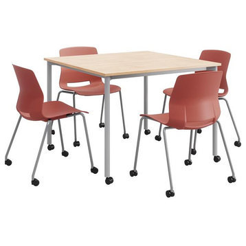 KFI Dailey 42in Square Dining Set - Natural Table - Coral Chairs w/Casters