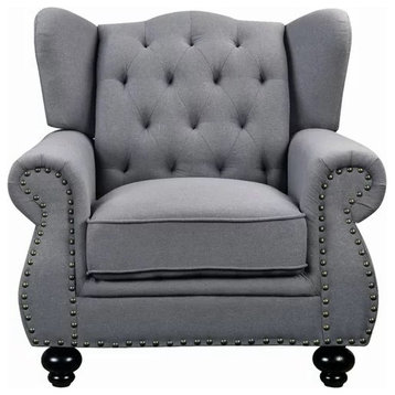 Classic Accent Chair, Bun Feet With Padded Seat and Button Tufted Wingback, Gray