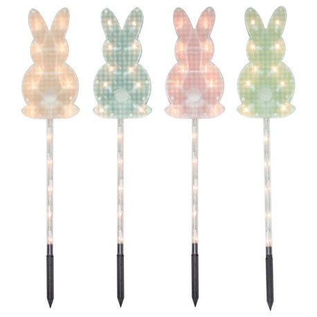 4ct Plaid Pastel Bunny Easter Pathway Marker Lawn Stakes, Clear Lights