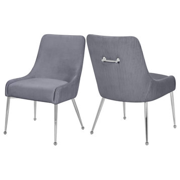 The Cue Dining Chair, Gray and Chrome, Pleated Velvet (Set of 2)