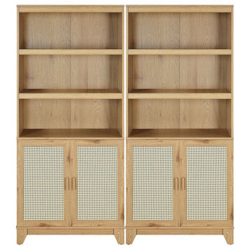 Sheridan Modern Cane Bookcase With Adjustable Shelves, Nature, Set of 2