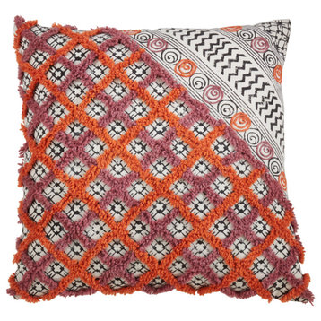 Poly Filled Embroidered Floor Pillow With Block Print Design, 22"x22", Coral