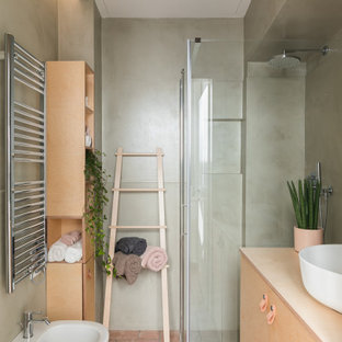 Design ideas for a small contemporary 3/4 bathroom in Venice with beaded inset cabinets, light wood cabinets, a curbless shower, a wall-mount toilet, green tile, green walls, brick floors, a vessel sink, wood benchtops, red floor, a hinged shower door, yellow benchtops, a niche, a single vanity, a built-in vanity and recessed.