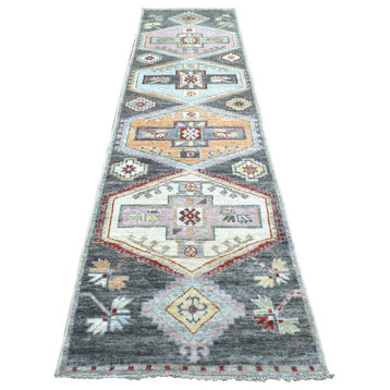 Gray Anatolian Village Inspired Wool Hand Knotted Wide Runner Rug, 2'10"x11'10"