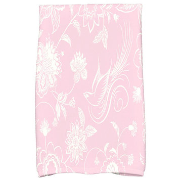 Traditional Bird Floral Decorative Holiday Floral Print Hand Towel, Light Pink