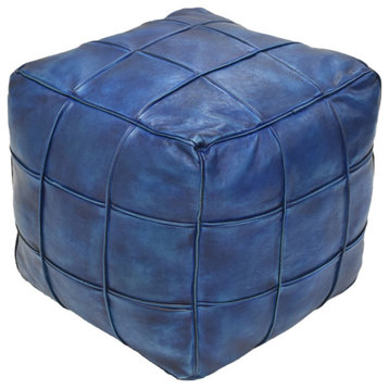 Solid Handmade Leather Pouf (Recycled Foam with Fibre Fill), Vintage Blue, Square, 14x14x14