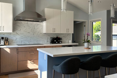 Large world-inspired u-shaped kitchen/diner in San Francisco with a submerged sink, flat-panel cabinets, white cabinets, engineered stone countertops, white splashback, ceramic splashback, stainless steel appliances, medium hardwood flooring, an island, brown floors, white worktops and a vaulted ceiling.