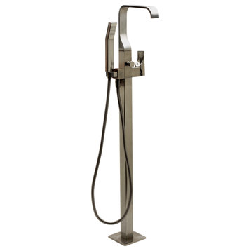 Single Lever Floor Mounted Tub Filler Mixer With Hand Held Shower Head, Brushed