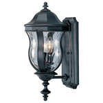 Savoy House - Savoy 5-304-BK, Monticello Wall Mount Lantern - Outdoor lighting with charming traditional style and finely crafted details: that`s the Monticello, designed by Karyl Pierce Paxton and constructed with high quality engineering by Savoy House. An outlined rectangular wall plate holds a lantern with a graceful bell shape, a curved, tiered roof, and matching multi-tiered finial â€”and the entire frame has a stately, rich, deep black finish. The shade is made of gorgeous, clear, water glass, adding to the timeless appeal. Two 60W, C-style bulbs within, illuminate the exterior of your home with a welcoming glow. This 8`` wide, 18`` high wall lantern brings classic style to your porch, patio, sunroom, pergola, and other living areas in your yard and garden.