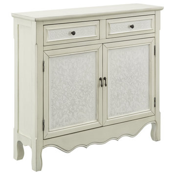 Traditional Console Table, Unique Floral Accented Doors & Drawers, Antique White