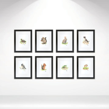 "Woodland Tinies" Set of Eight Framed Prints With Mat, Black, 18x24