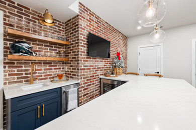 Cottage underground dark wood floor and brown floor basement photo in Philadelphia with a bar and beige walls