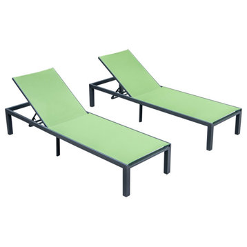LeisureMod Marlin Patio Chaise Lounge Chair Black Frame Set of 2, Green