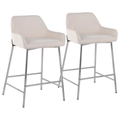 Daniella Fixed-Height Counter Stool, Set of 2, Chrome Metal, Cream Fabric