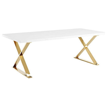 Modway Sector 87" Wood & Stainless Steel Cross Base Dining Table in White/Gold