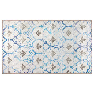 My Magic Carpet Leilani Damask Beige Blue Rug, 3'x5'